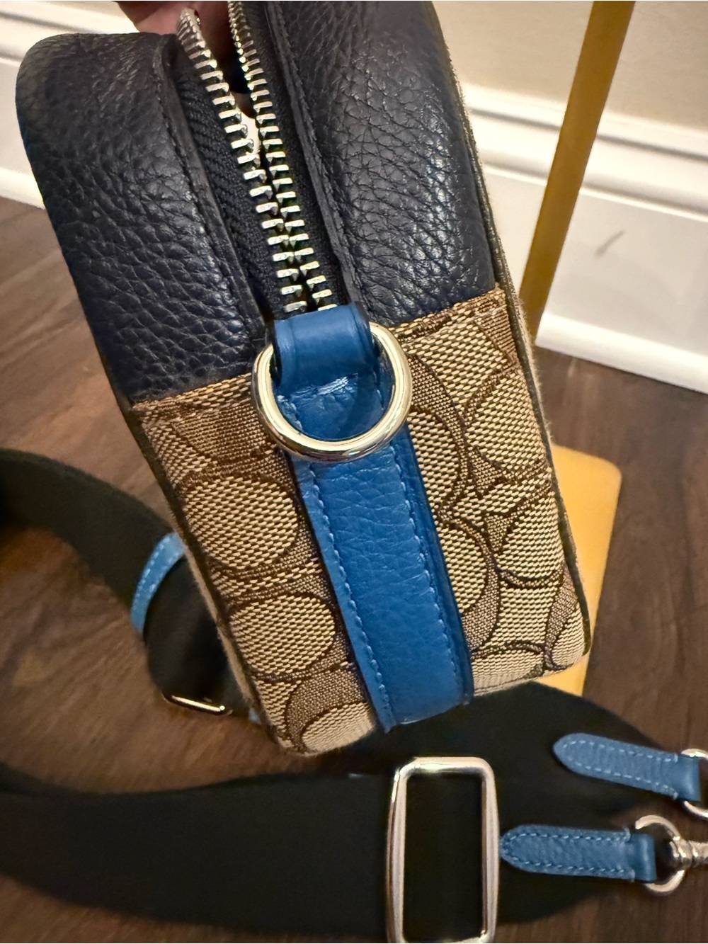 Coach Crossbody Bag in Brown, Black, Cream with Blue Strap Accents - Picture 4 of 9